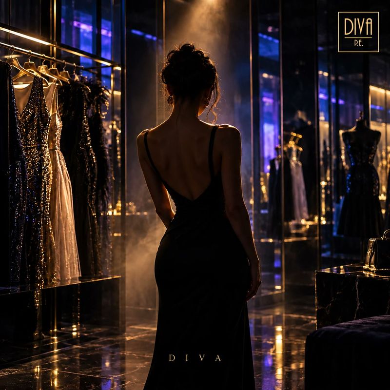Cover Club Mix: eine Frau im rückenfreien Abendkleid im nächtlichen Store